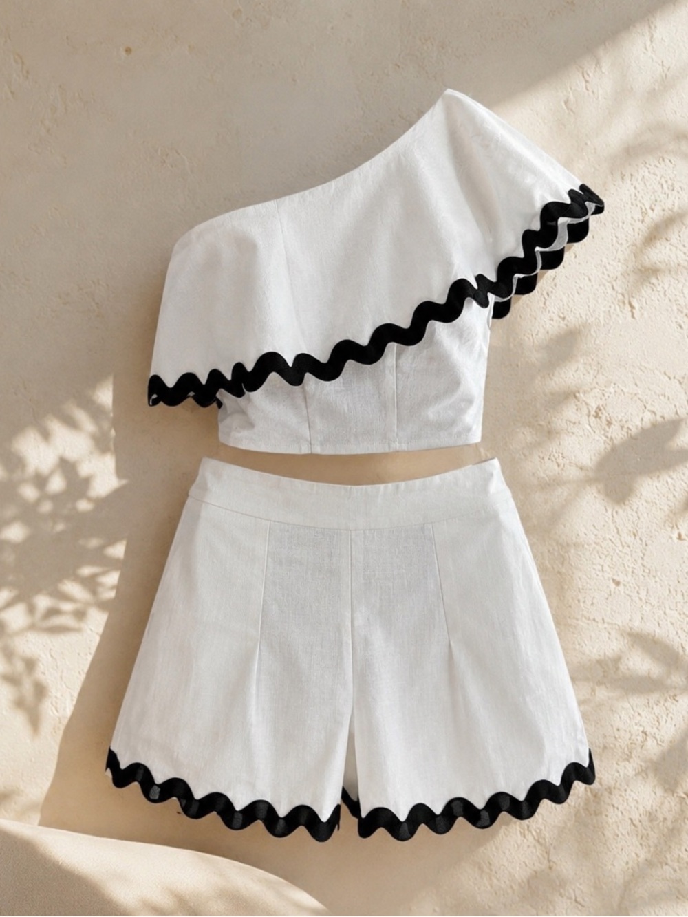 White One-Shoulder Ruffle Two-Piece Set with Black Trim
